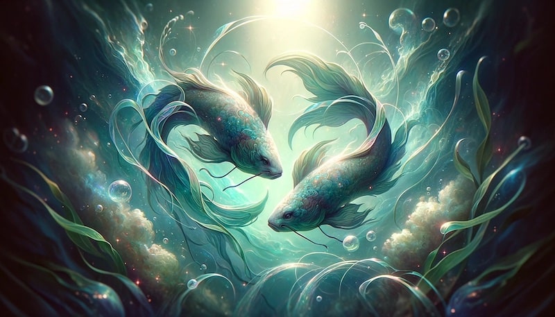 Illustratie van het sterrenbeeld vissen die de gevoelens en eigenschappen overbrengt die vaak geassocieerd worden met vissen.