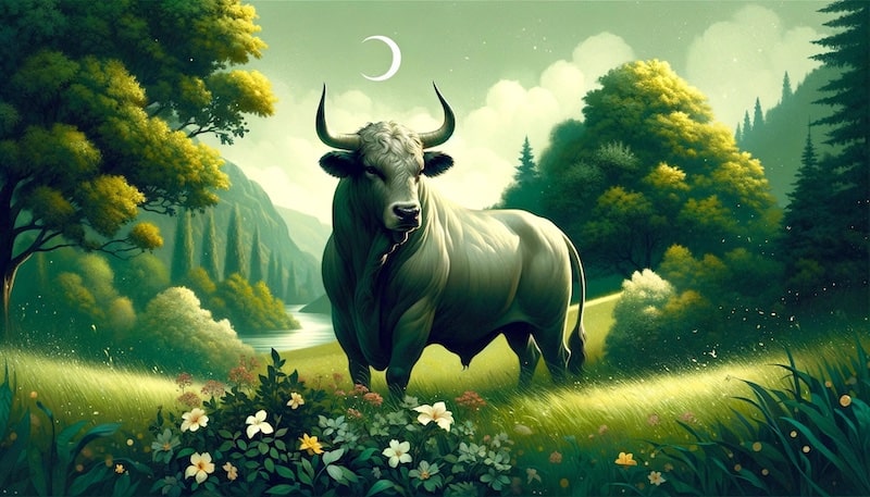 Illustratie van het sterrenbeeld stier die de gevoelens en eigenschappen overbrengt die vaak geassocieerd worden met stier.